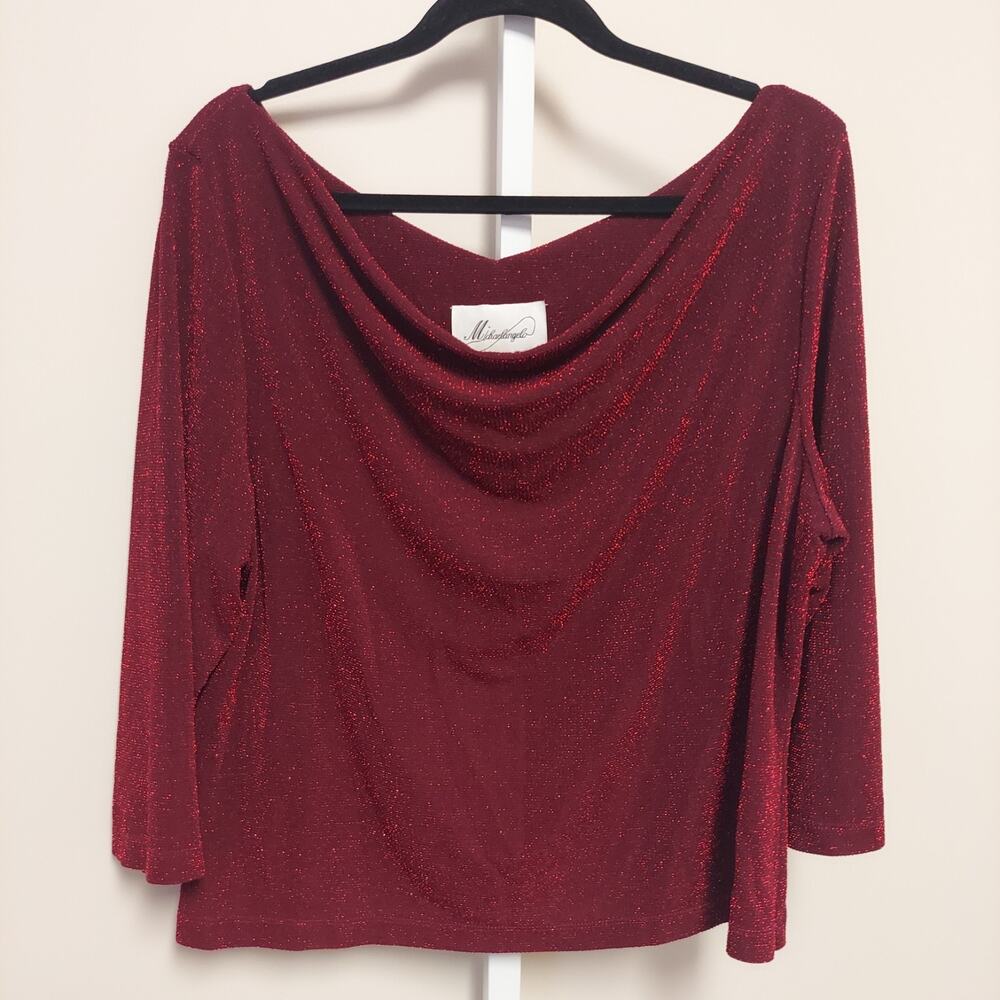 Vintage Michaelangelo Blouse 1X‎ Sparkle Red Draped Neck Cowl Holiday Party